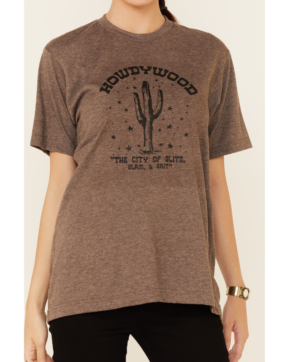 Image #3 - Ali Dee Women's Heather Brown Howdywood Graphic Short Sleeve Tee, Brown, hi-res