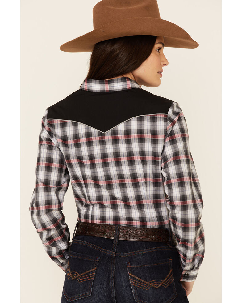 Roper Women's Classic Black Plaid Fancy Applique Long Sleeve Snap Western Shirt , Black, hi-res