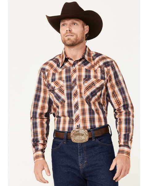 Cowboy Hardware Men's Hermosillo Plaid Print Long Sleeve Snap Western Shirt , Orange, hi-res