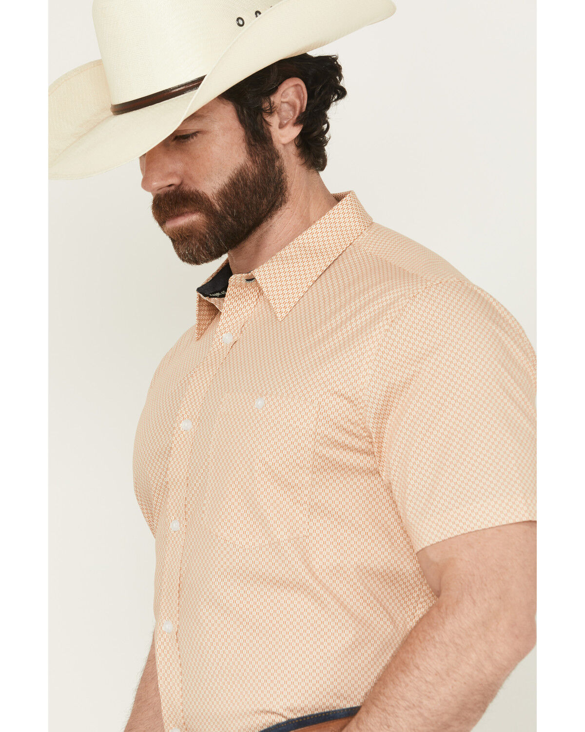 Image #2 - RANK 45® Men's Cowboy Co Geo Print Short Sleeve Button-Down Stretch Western Shirt, Camel, hi-res