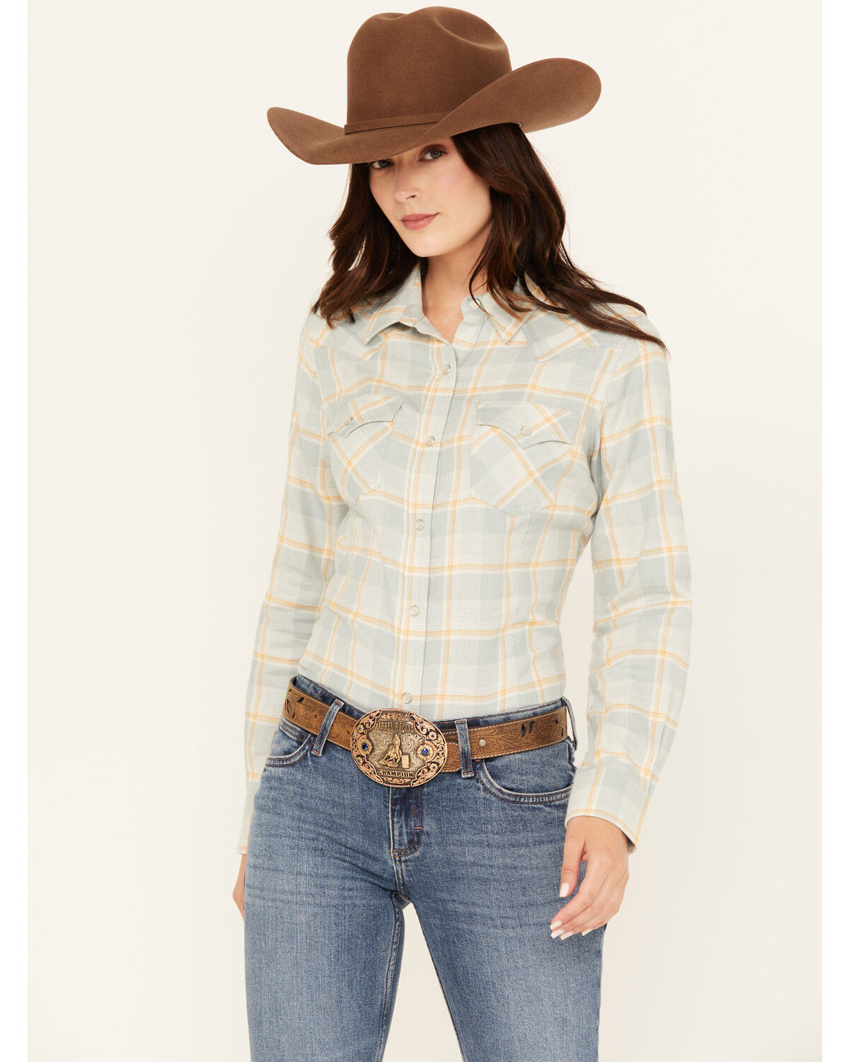 Image #1 - Wrangler Retro Women's Boot Barn Exclusive Plaid Print Long Sleeve Pearl Snap Western Shirt, Light Blue, hi-res