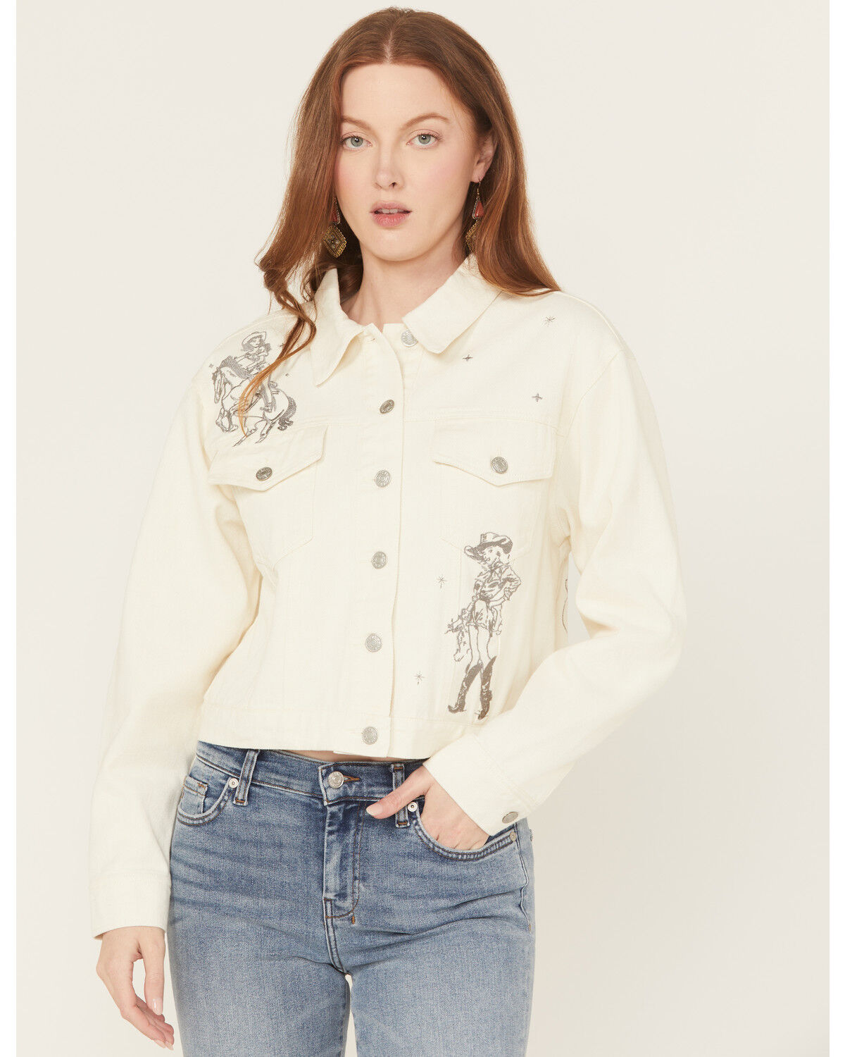 Image #1 - Blue B Women's Cowgirl Embroidered Denim Trucker Jacket, Cream, hi-res