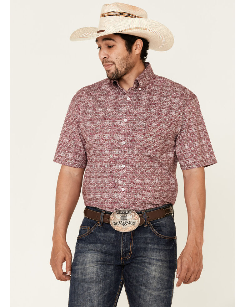 Rough Stock By Panhandle Men's Maroon Medallion Print Short Sleeve Western Shirt , Wine, hi-res