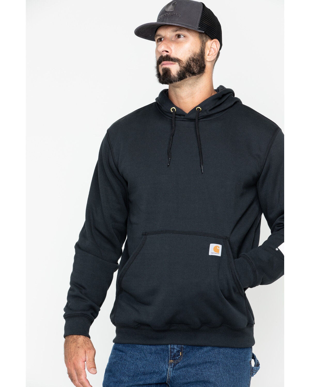 Carhartt Men's Loose Fit Midweight Logo Sleeve Graphic Hooded Sweatshirt, Black, hi-res