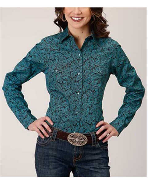 Image #1 - Roper Women's Paisley Print Long Sleeve Pearl Snap Western Shirt, Teal, hi-res