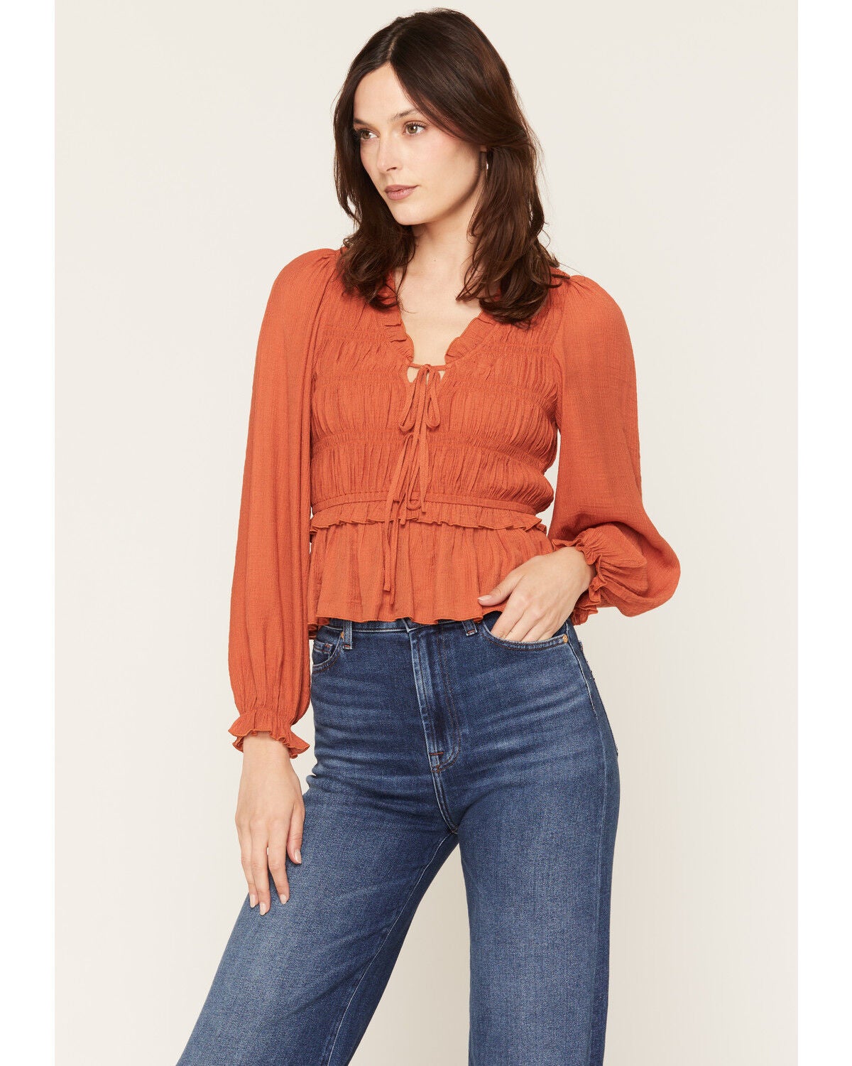 Image #1 - Yura Women's Solid Smocked Long Sleeve Tie-Front Shirt, Rust Copper, hi-res