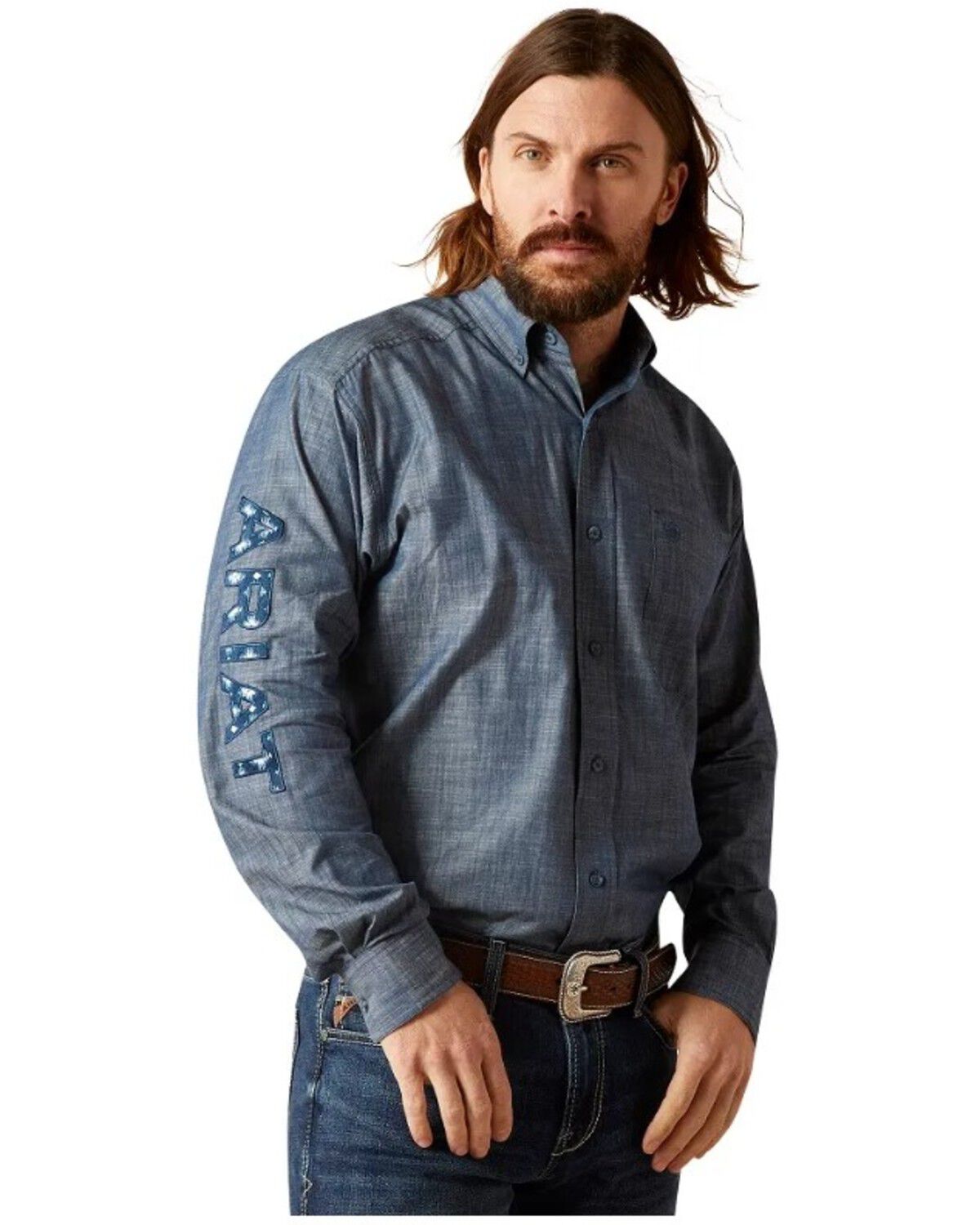 Image #1 - Ariat Men's Team Logo Chambray Long Sleeve Button-Down Western Shirt, Indigo, hi-res
