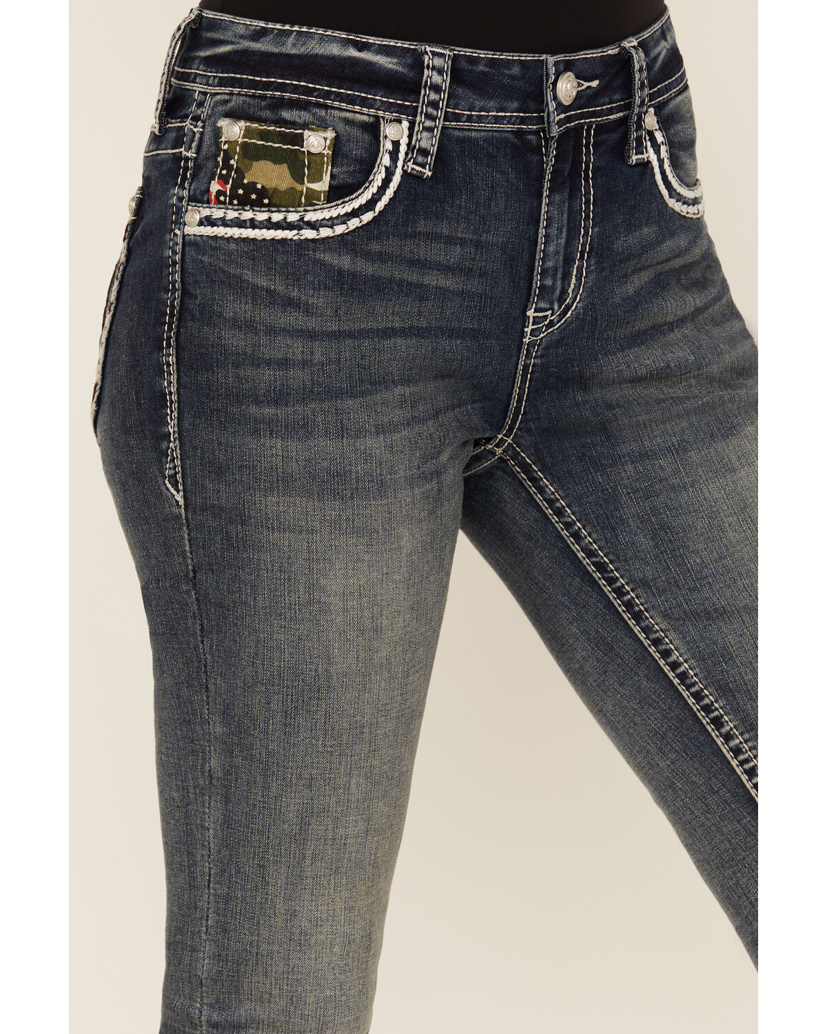 Image #4 - Grace In LA Women's Medium Wash Camo Fleur De Lis Embroidered Mid Rise Bootcut Stretch Denim Jeans, Medium Wash, hi-res