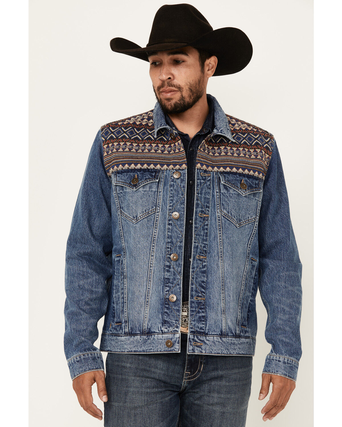 Image #1 - Cody James Men's Gaucho Southwestern Print Yoke Stretch Denim Jacket, Dark Wash, hi-res