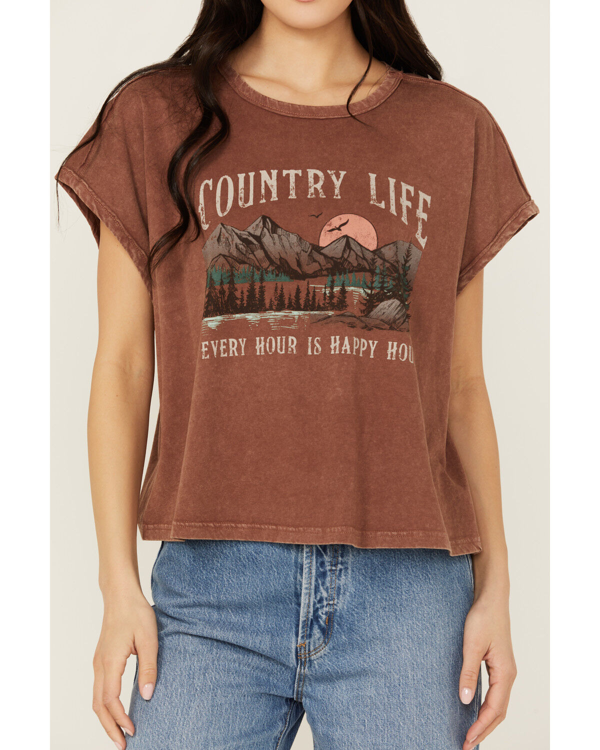 Image #3 - Cleo + Wolf Women's Anna Cropped Graphic Muscle Tee, Chocolate, hi-res