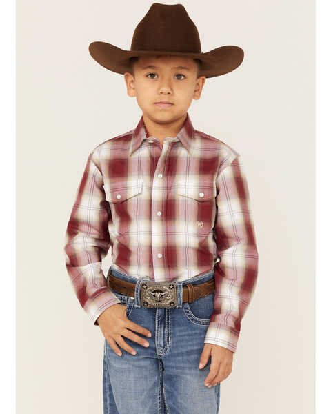 Roper Boys' Amarillo Plaid Print Long Sleeve Western Snap Shirt, Red, hi-res