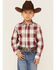 Image #1 - Roper Boys' Amarillo Plaid Print Long Sleeve Western Pearl Snap Shirt, Red, hi-res