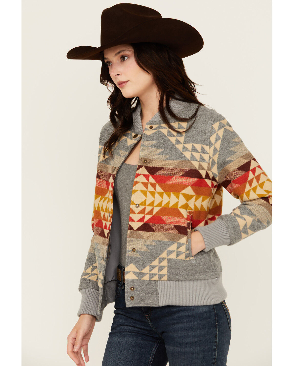 Image #2 - Pendleton Women's Printed Bomber Jacket, Grey, hi-res