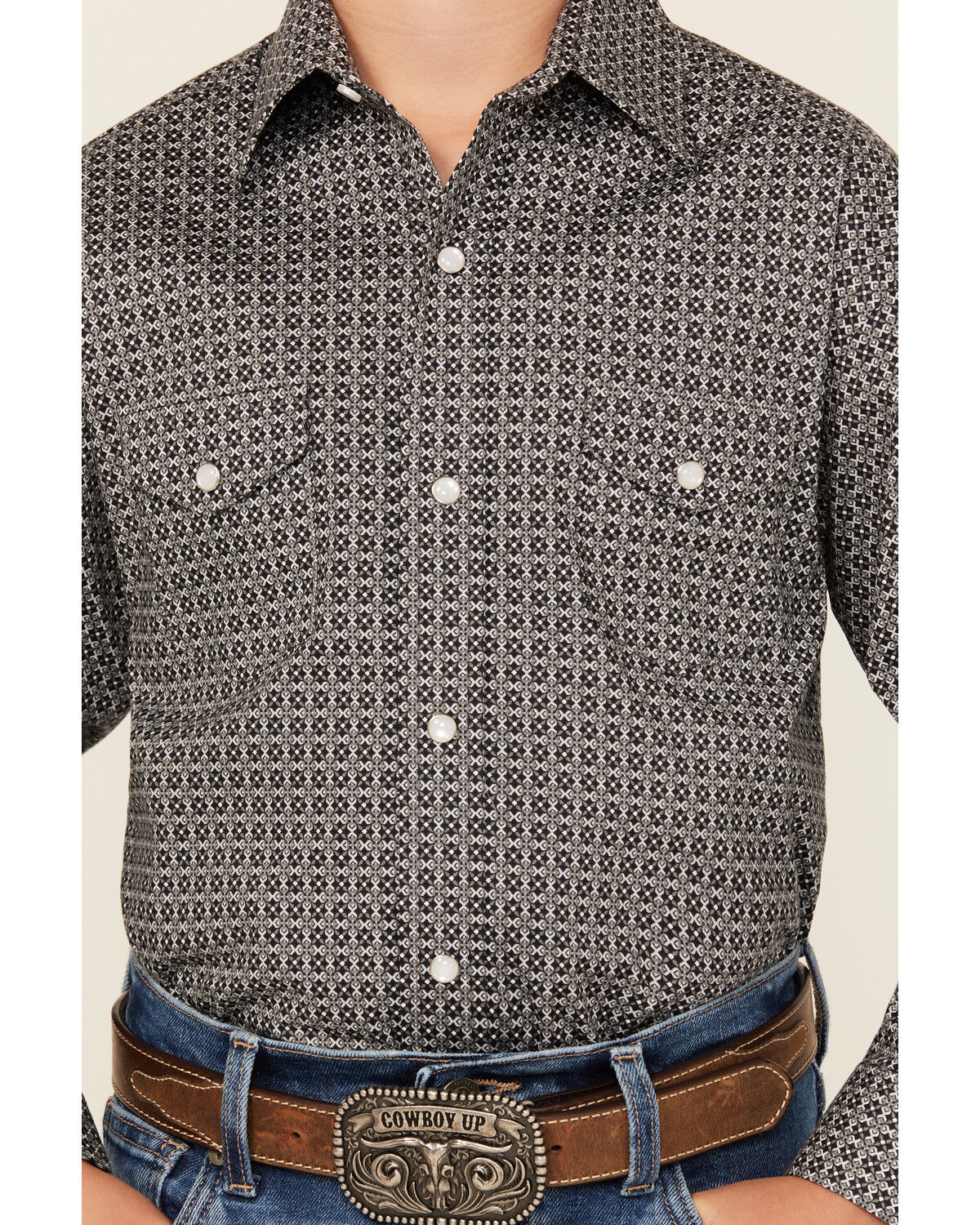 Image #3 - Panhandle Boys' Geo Print Long Sleeve Snap Western Shirt, Black, hi-res
