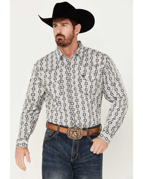 Cowboy Hardware Men's Tonal Southwestern Print Long Sleeve Pearl Snap Western Shirt, White, hi-res
