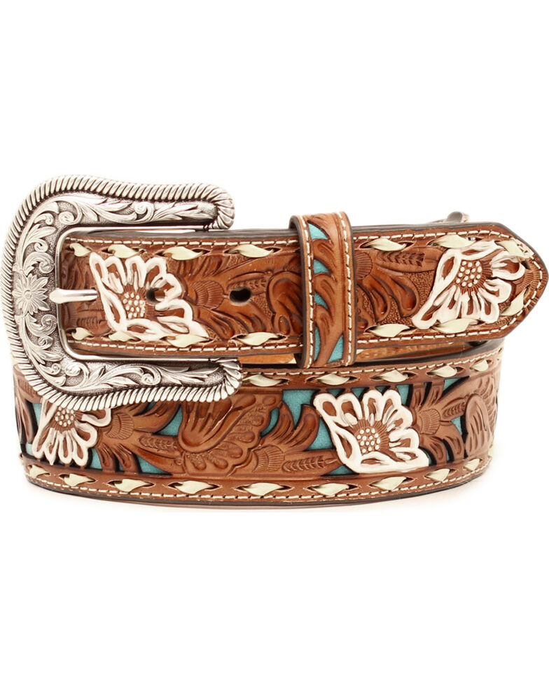 Nocona Women's Brown Floral Tooled Overlay Leather Belt, Tan, hi-res