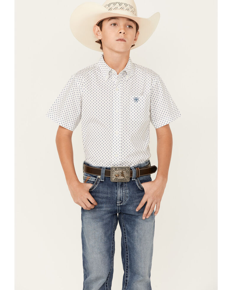 Ariat Boys' Kaspar Diamond Geo Print Short Sleeve Button-Down Western Shirt , White, hi-res