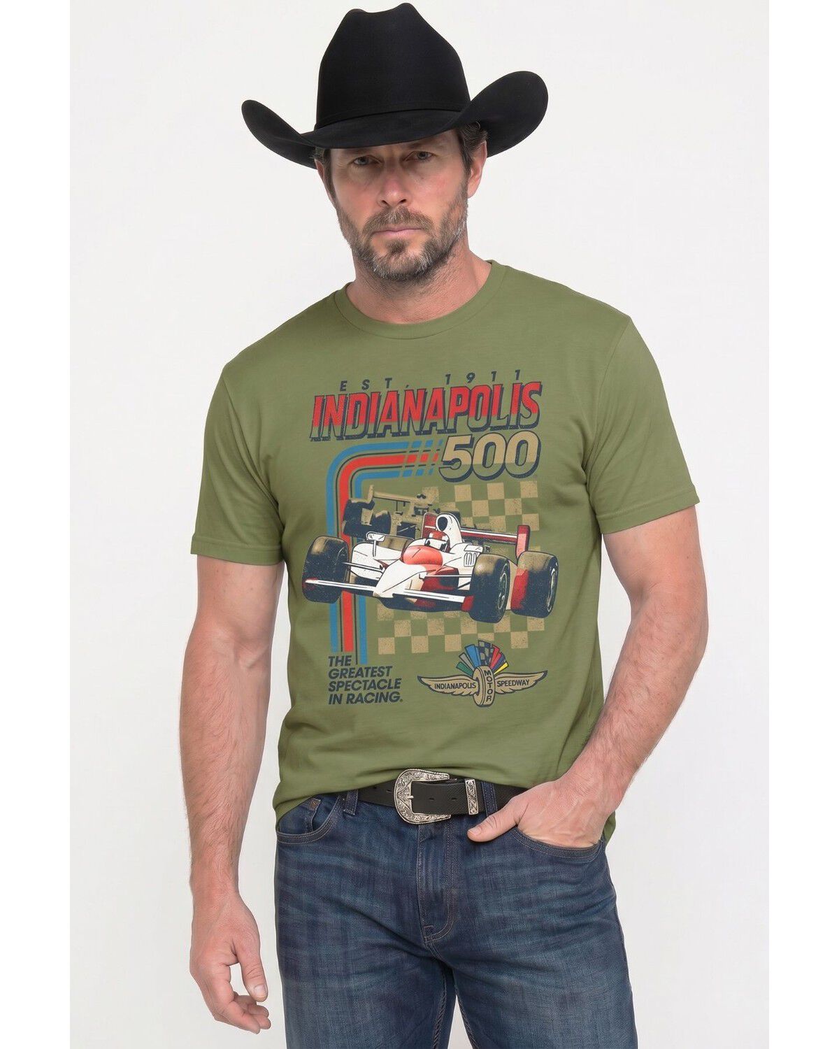 Americana Men's Indy 500 Stripes Short Sleeve Graphic T-Shirt, Olive, hi-res