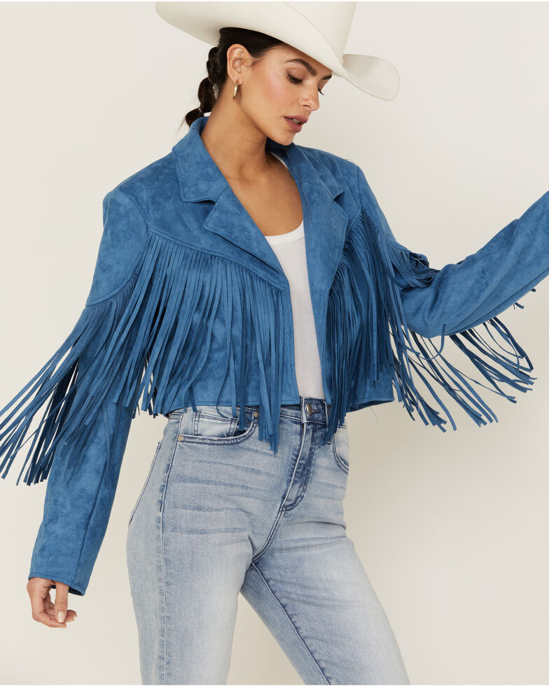 Saints & Hearts Women's Faux Suede Cropped Fringe Jacket , Blue, hi-res