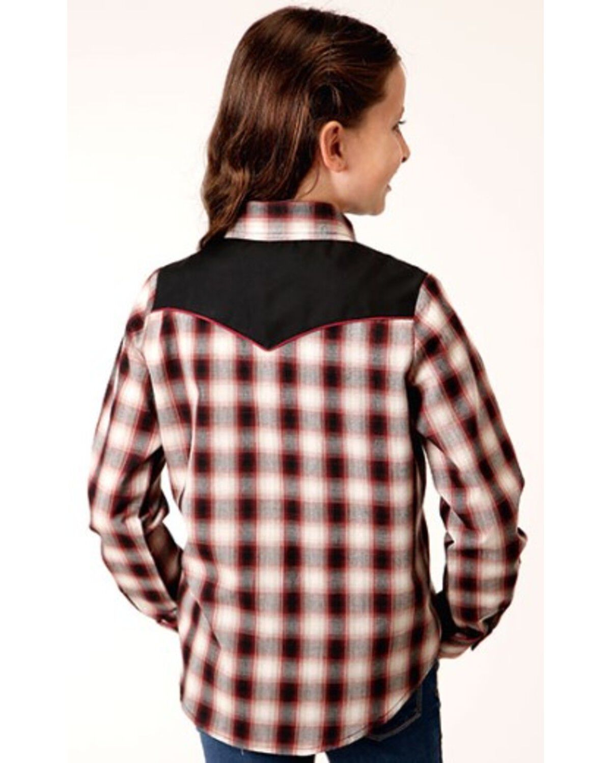 Image #2 - Roper Girls' Plaid Print Long Sleeve Snap Western Shirt, Wine, hi-res