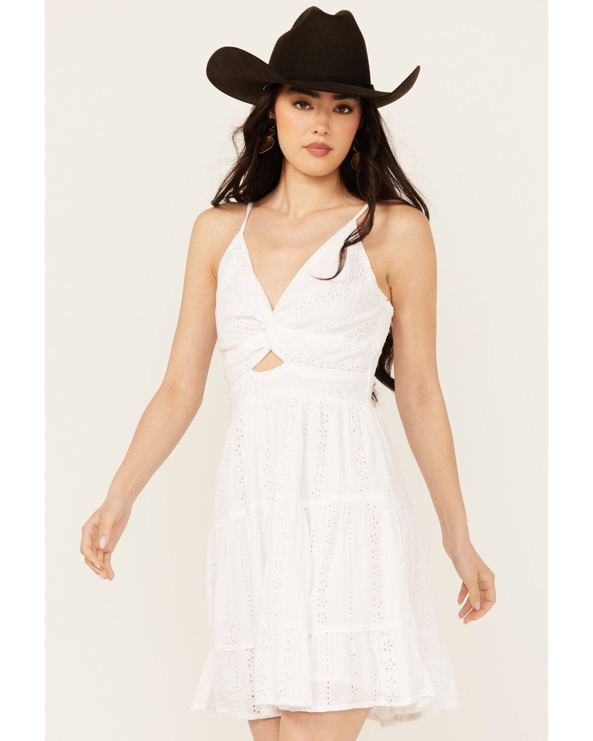 Angie Women's Eyelet Knot Front Mini Dress, White, hi-res