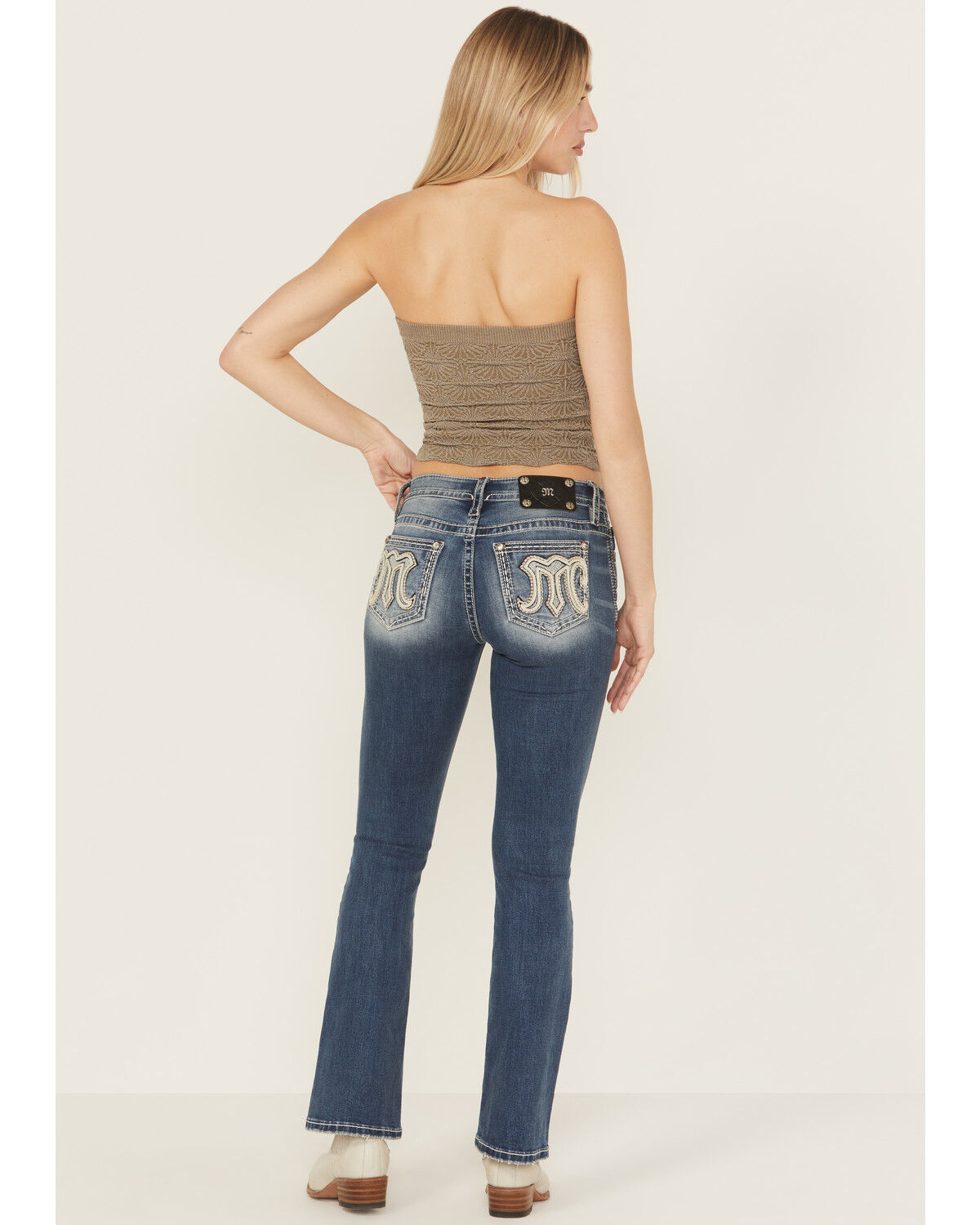 Image #1 - Miss Me Women's Medium Wash Mid Rise Embroidered Bootcut Stretch Denim Jeans, Medium Wash, hi-res