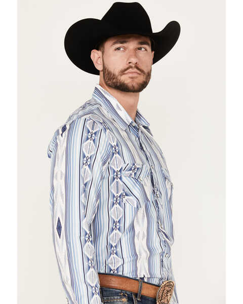 Image #3 - Rock & Roll Denim Men's Southwestern Print Striped Stretch Long Sleeve Snap Western Shirt, Blue, hi-res