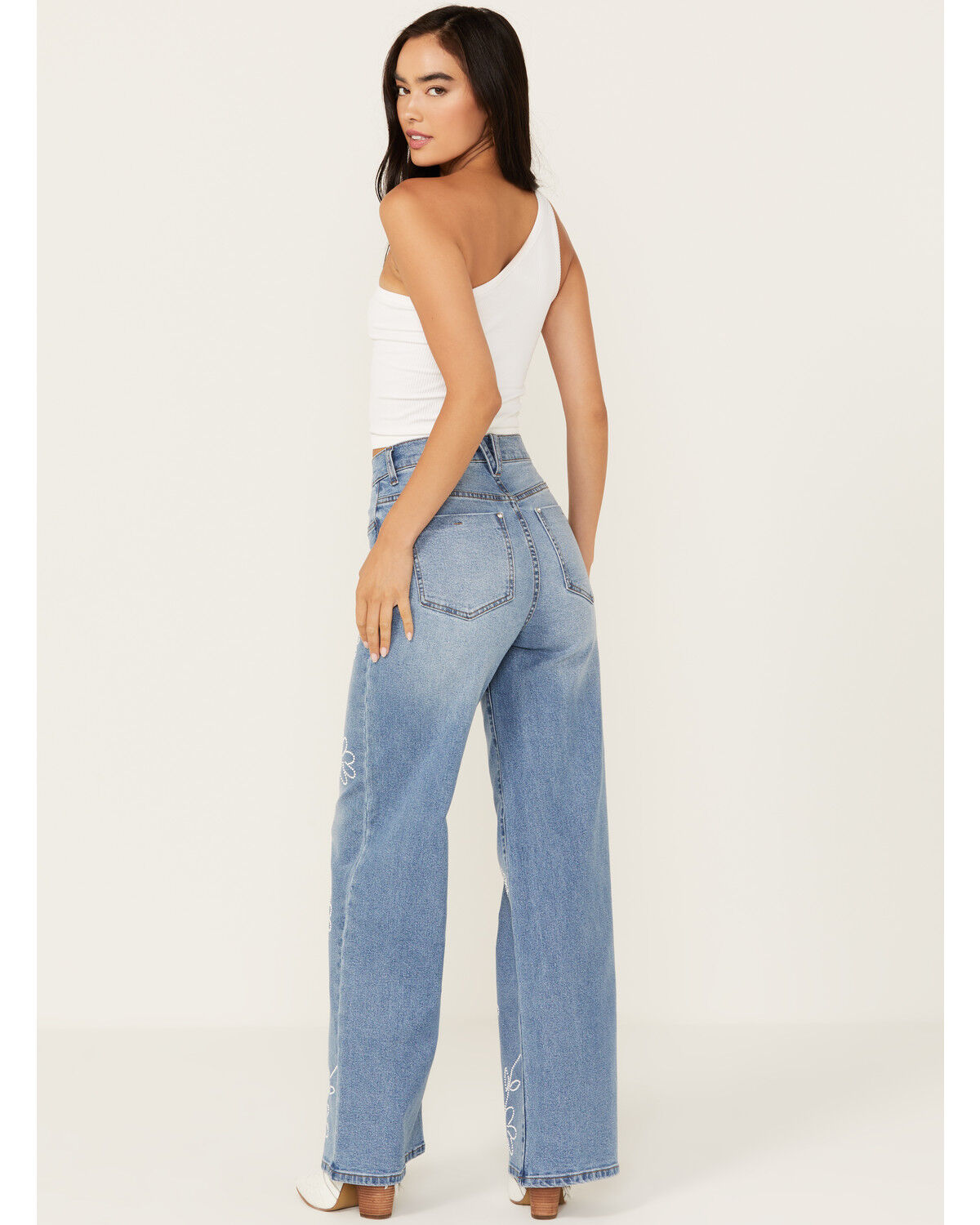 Image #3 - Vibrant Denim Women's Medium Wash High Rise Floral Stretch Wide Leg Jeans, Medium Wash, hi-res