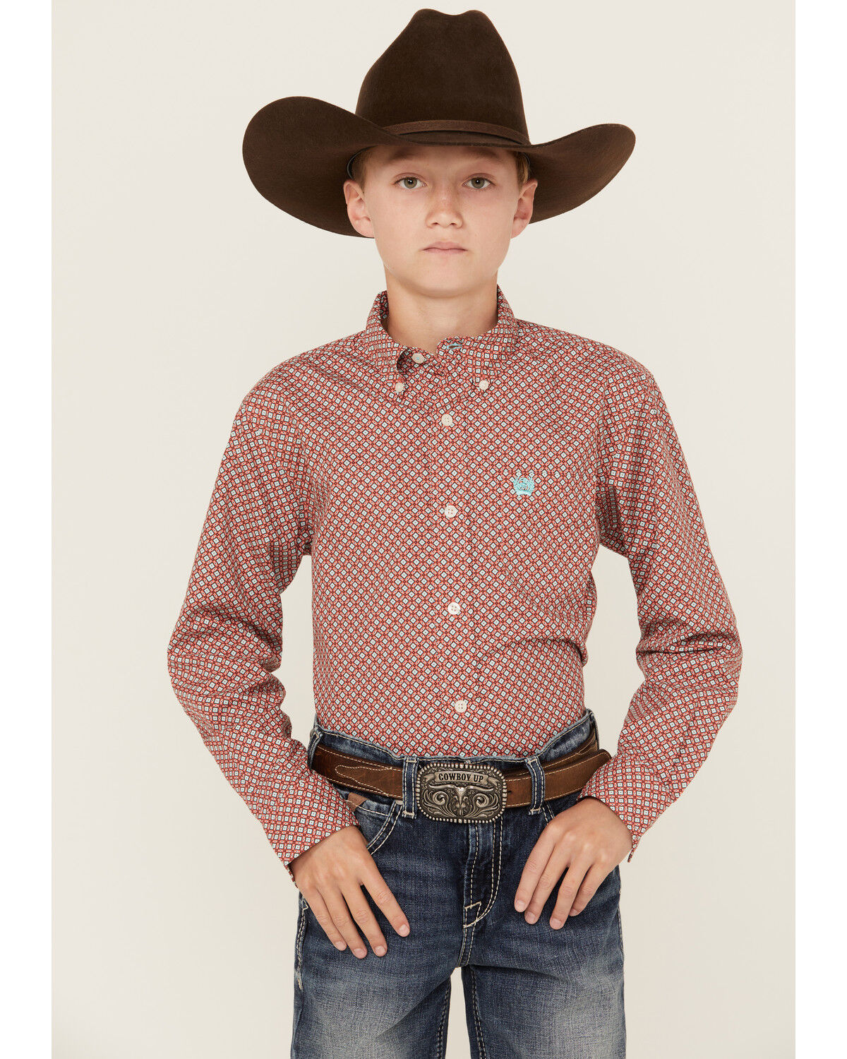 Image #1 - Cinch Boys' Geo Print Long Sleeve Button-Down Western Shirt, Red, hi-res