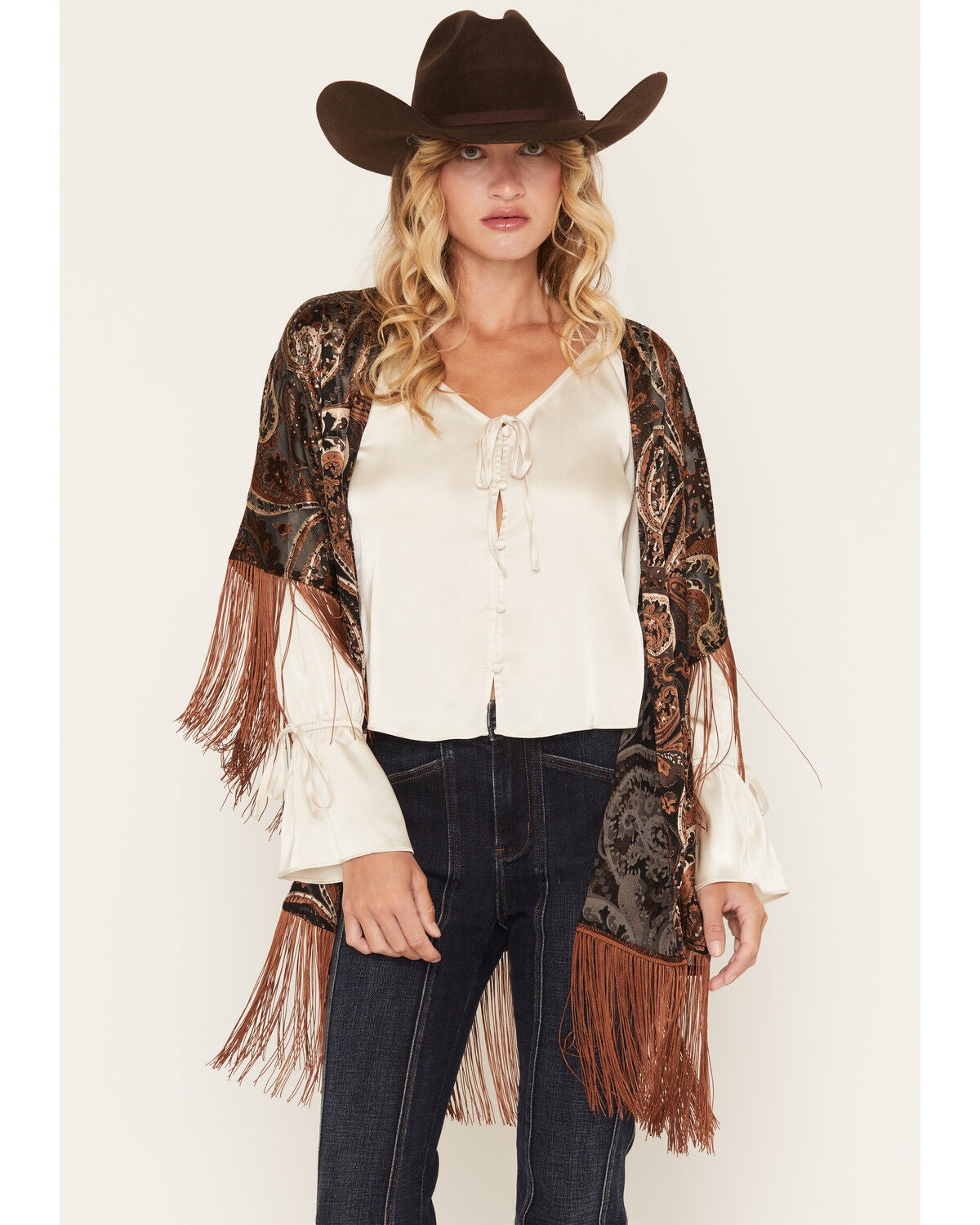 Shyanne Women's Nicks Burnout Paisley Print Fringe Kimono, , hi-res