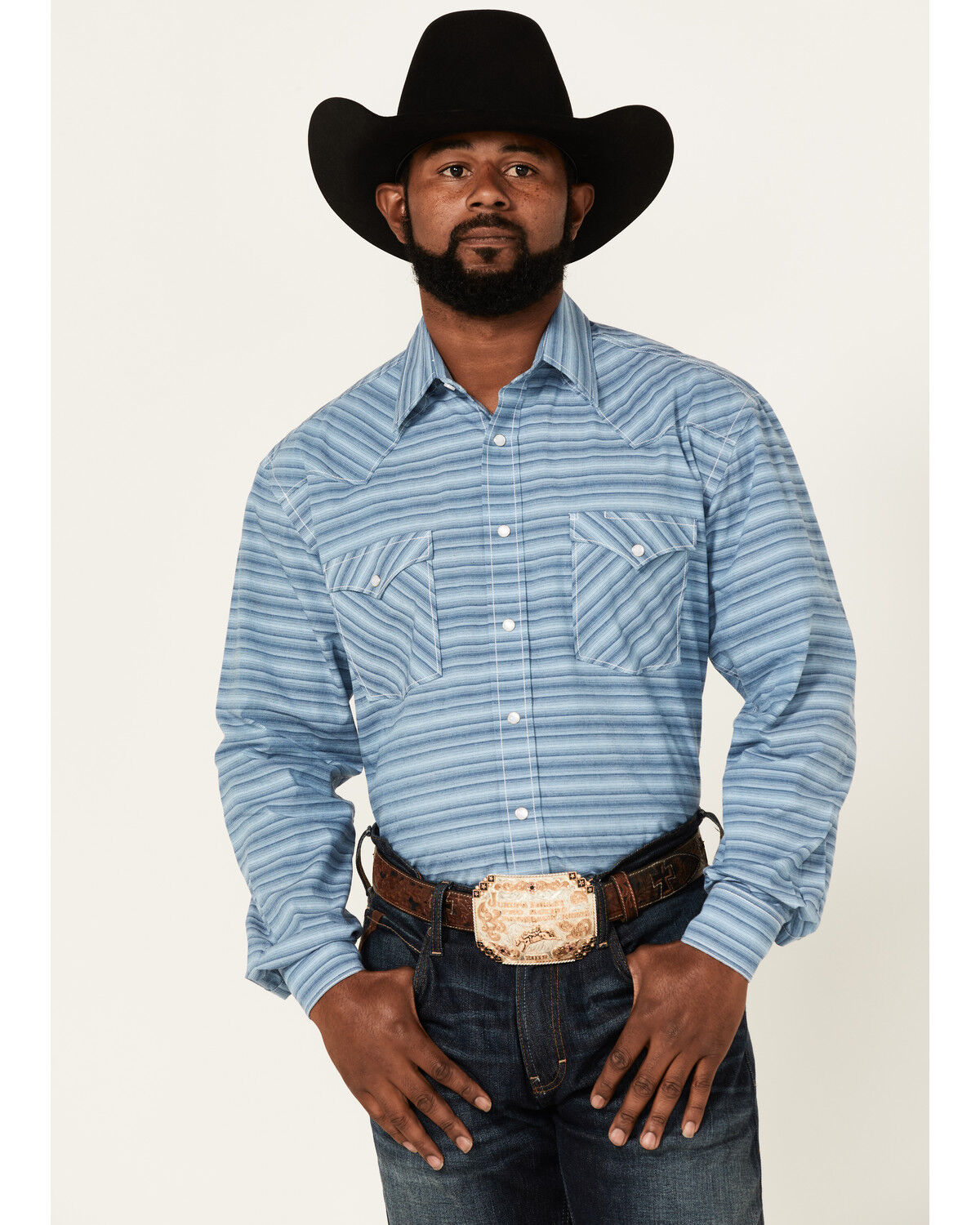 Image #1 - Rough Stock By Panhandle Men's Horizontal Dobby Stripe Long Sleeve Pearl Snap Western Shirt, Blue, hi-res