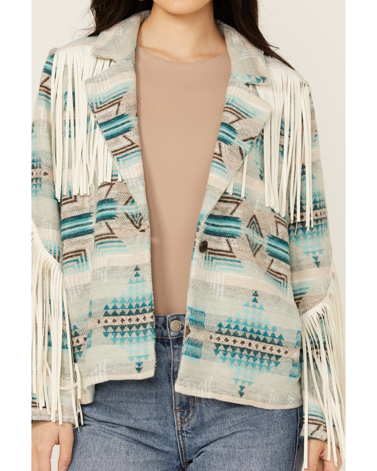 Image #3 - Rock & Roll Denim Women's Southwestern Print Fringe Jacket, Blue, hi-res