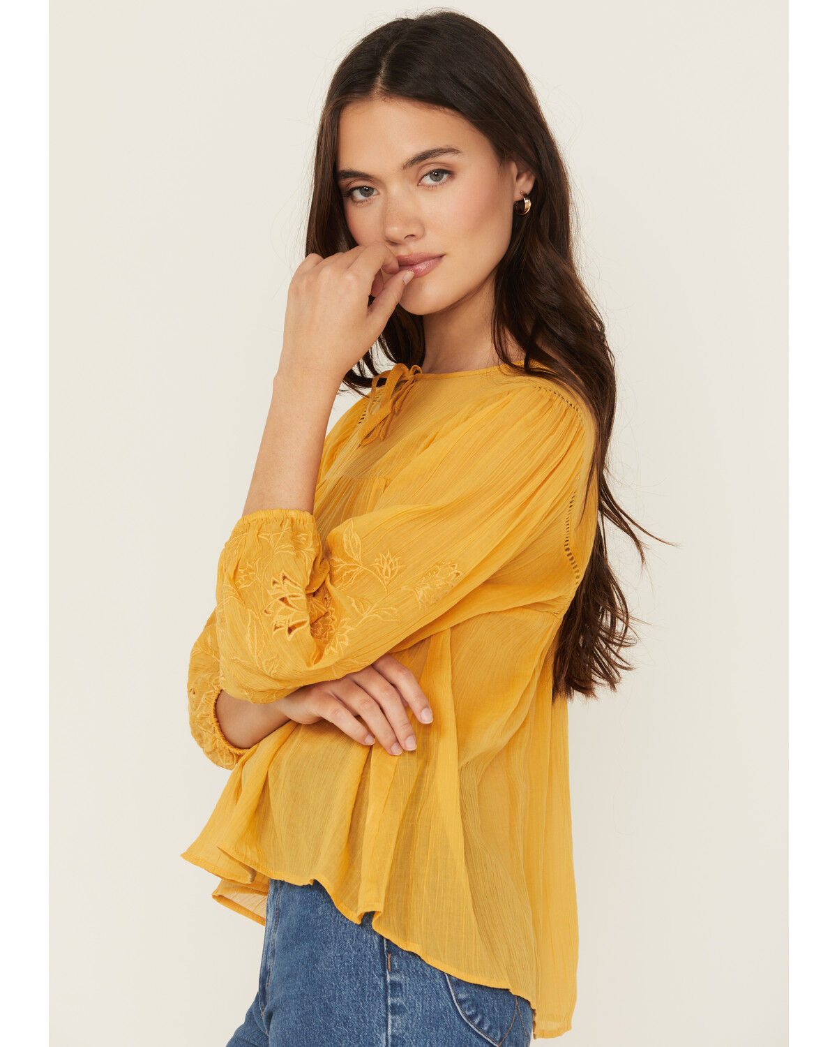 Image #1 - Cleo + Wolf Women's Floral Embroidered Long Sleeve Peasant Top, Yellow, hi-res