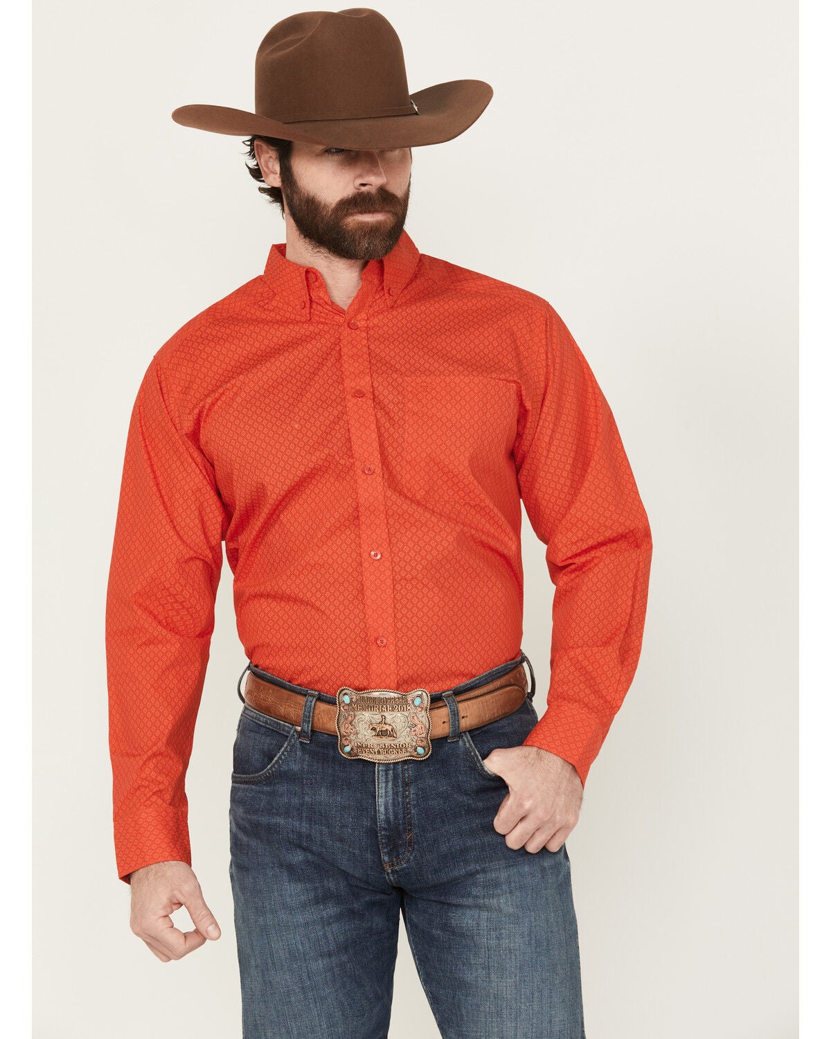 Ariat Men's Waylen Geo Print Long Sleeve Button-Down Western Shirt - Big, Red, hi-res