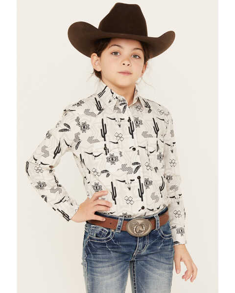 Rock & Roll Denim Girls' Southwestern Desert Conversation Print Long Sleeve Snap Western Shirt, Natural, hi-res