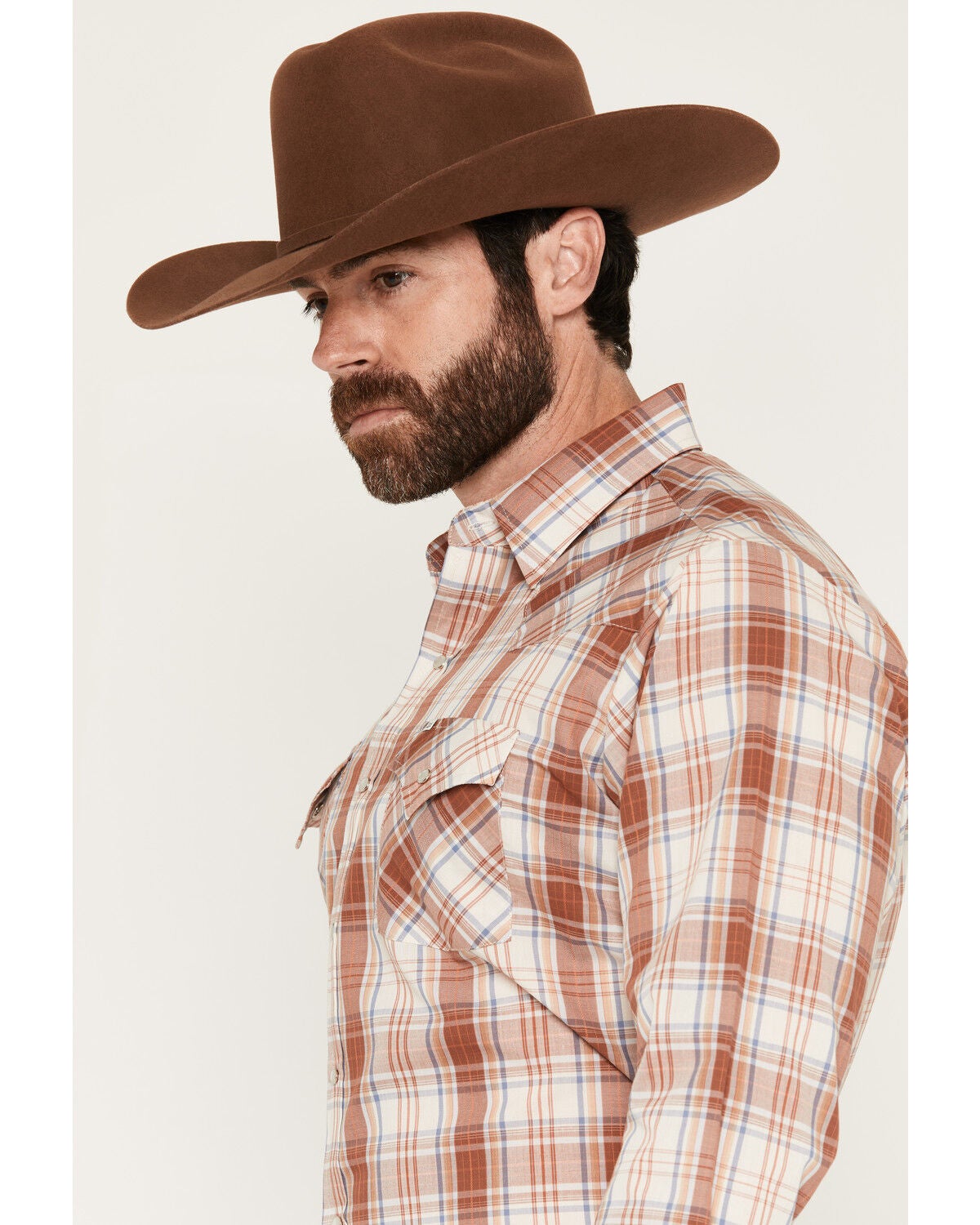 Image #2 - Ely Walker Men's Plaid Print Long Sleeve Pearl Snap Western Shirt, Rust Copper, hi-res