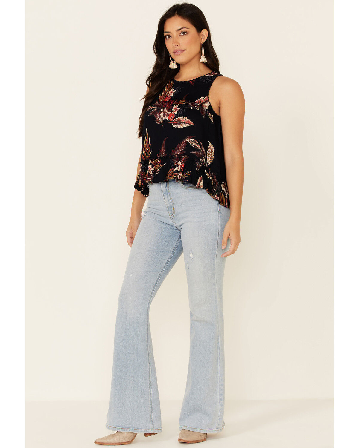 Image #2 - Patrons Of Peace Women's Floral Print Ruffle Trim Tank Top, Black, hi-res