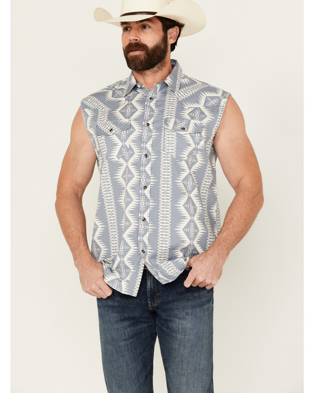 Image #1 - Cody James Men's Blue Sky Southwestern Print Sleeveless Snap Western Shirt, Blue, hi-res