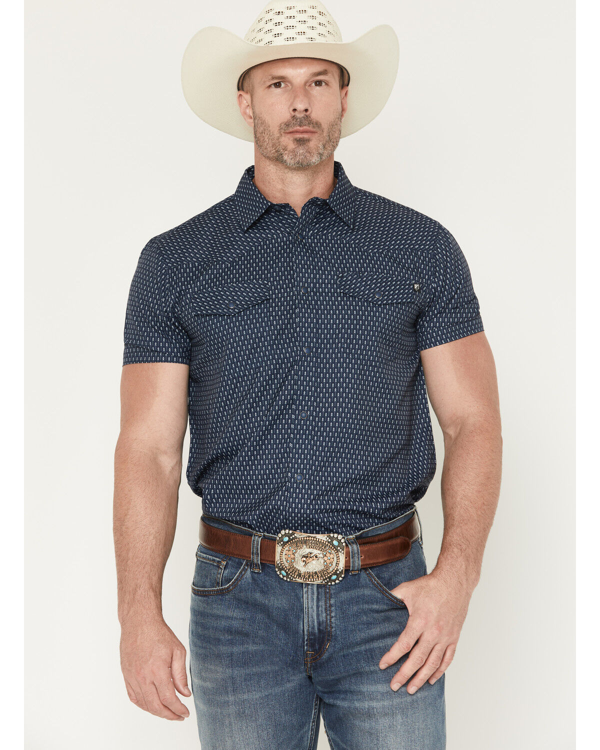 Image #1 - RANK 45® Men's Wind River Geo Print Short Sleeve Snap Performance Western Shirt, Navy, hi-res