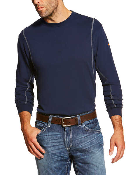 Image #1 - Ariat Men's FR Crew Neck Long Sleeve T-Shirt - Tall, Navy, hi-res