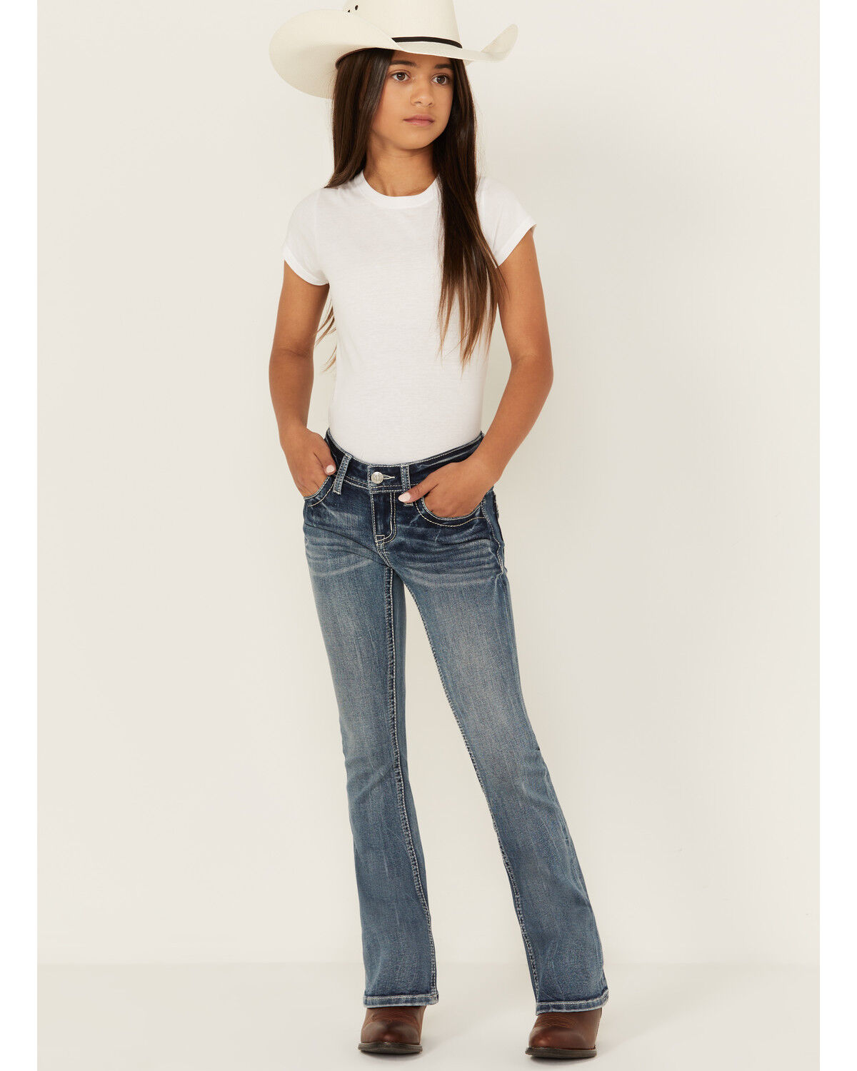 Image #3 - Grace in LA Girls' Medium Wash Floral Embroidered Stretch Bootcut Jeans, Medium Wash, hi-res