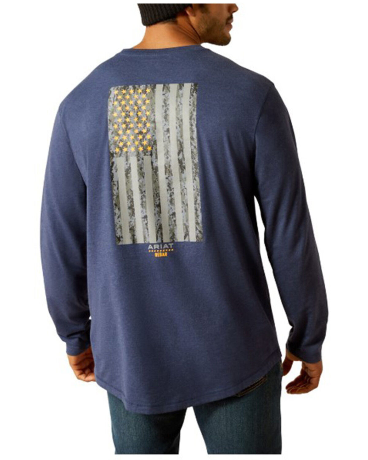 Image #1 - Ariat Men's Rebar Workman Reflective Flag Long Sleeve T-Shirt, Navy, hi-res