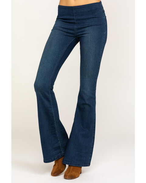 Image #1 - Free People Women's Dark Wash Flare Penny Pull On Jeans, Blue, hi-res