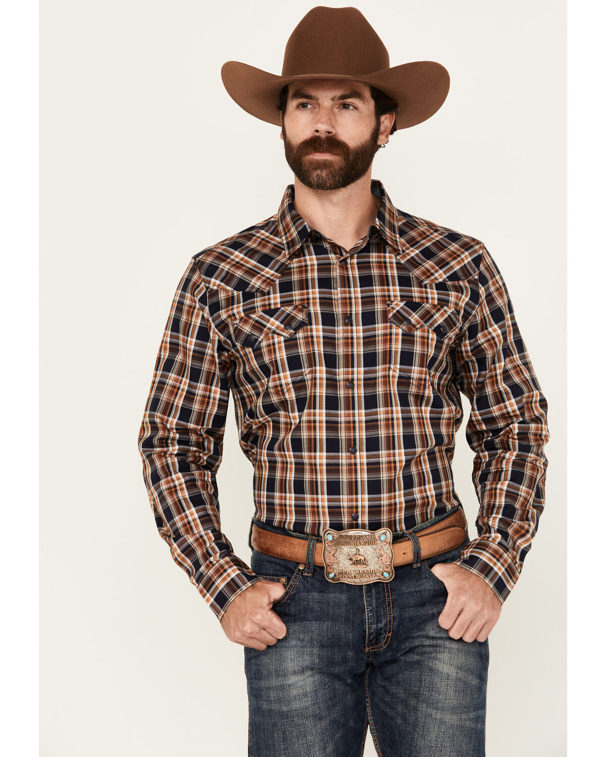 Image #1 - Cody James Men's Winfield Plaid Print Long Sleeve Snap Western Shirt, Navy, hi-res