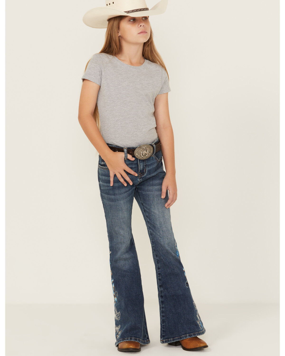 Image #3 - Shyanne Girls' Althea Floral Embroidered Flare Stretch Denim Jeans, Medium Wash, hi-res