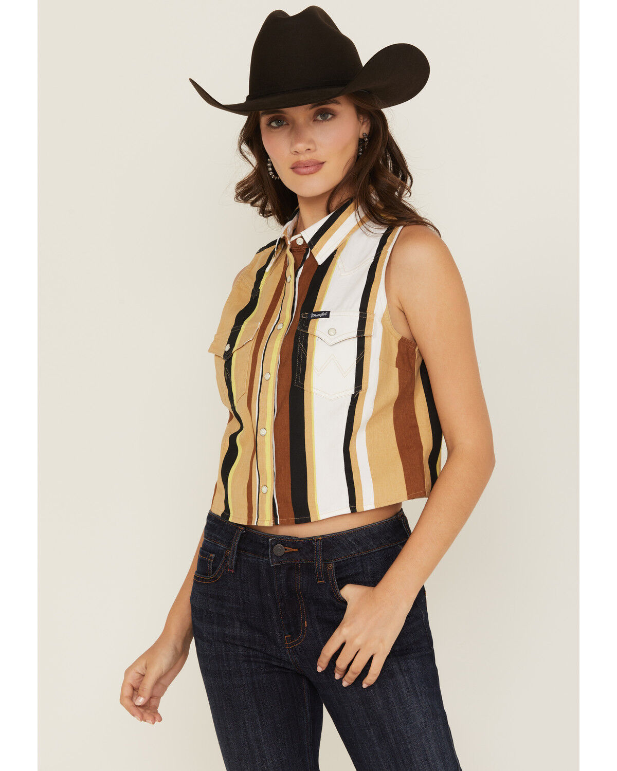 Image #1 - Wrangler Retro Women's Striped Print Sleeveless Snap Cropped Western Shirt, Tan, hi-res