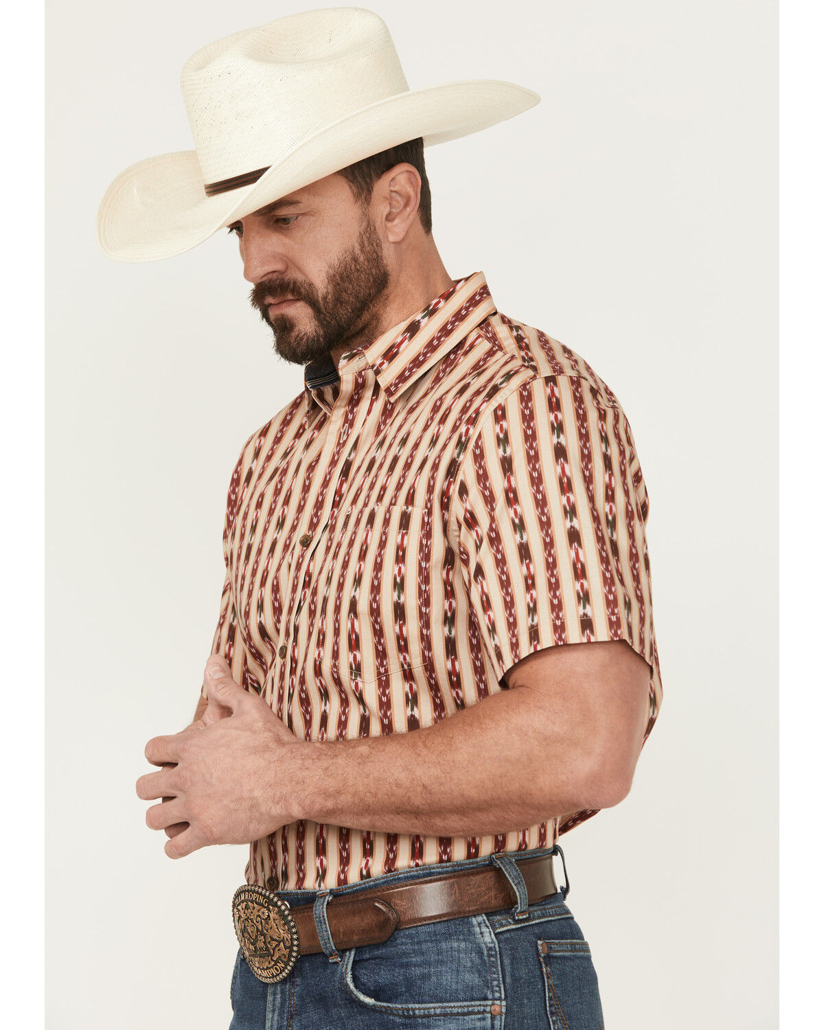 Image #2 - Cody James Men's Bridgestone Southwestern Striped Short Sleeve Button-Down Stretch Western Shirt, Tan, hi-res