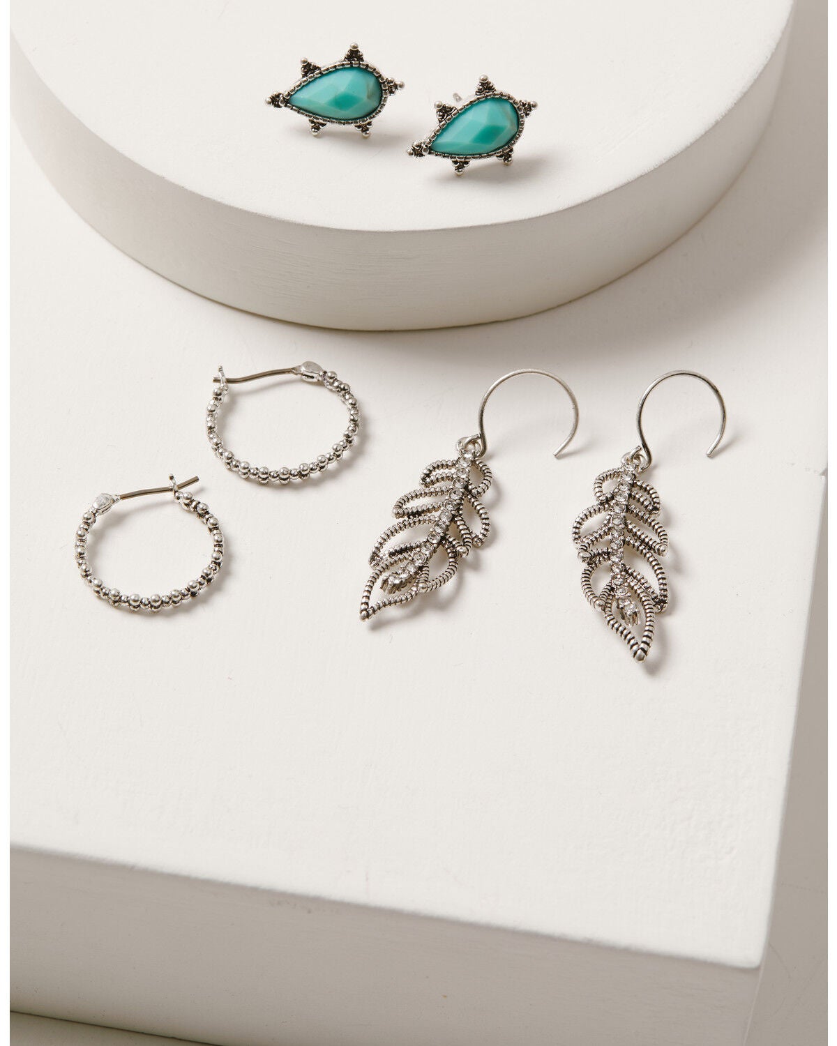 Lainey Wilson Women's Feather Drop Trio Earring Set - 3 Piece, Silver, hi-res