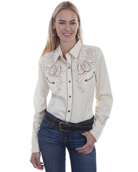 Image #1 - Western Scully Women's Horseshoe Long Sleeve Pearl Snap Western Shirt, Cream, hi-res