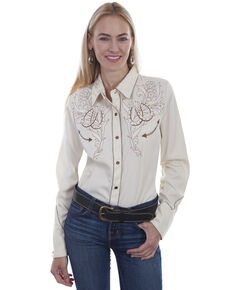 Western Scully Women's Cream Horseshoe Long Sleeve Western Shirt, Cream, hi-res